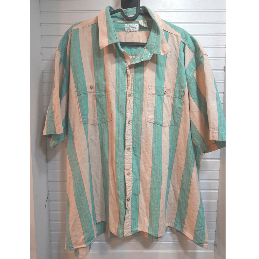 Men's Vintage Button Up Shirt Short Sleeve Size 3XL Envoy 100% Cotton Striped